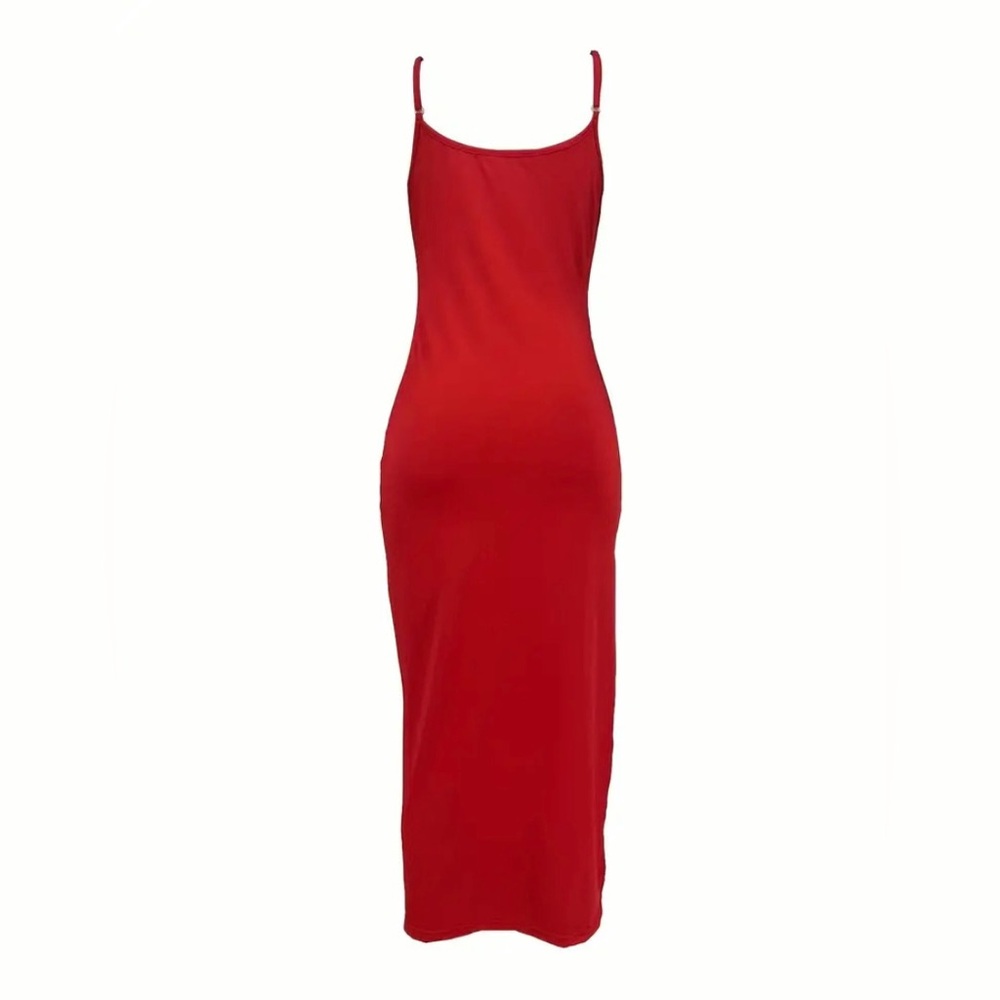 Spaghetti Strap Bodycon Dress With Ruched Leg Slit - Picture 3 of 3